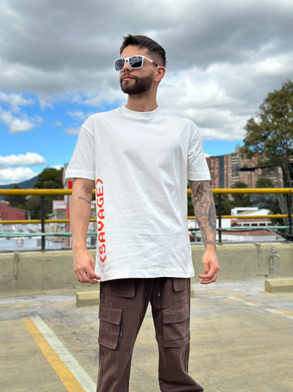 Camiseta PIXEL ORANGE oversize marfil Ecodrape ©️